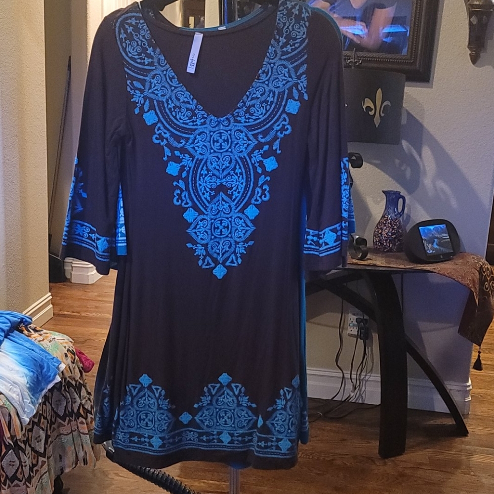 Bell sleeve brown & teal maxi dress